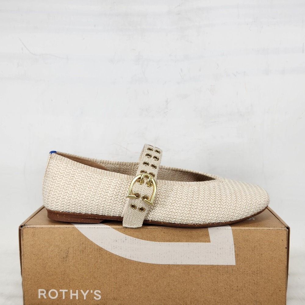 Rothy's The Max Buckle Mary Jane Women Size 7 Cream Woven Flat Shoes